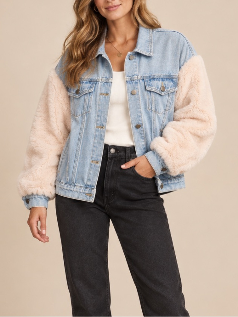 MIOU MUSE Denim Sherpa Sleeve Jacket Blue & Cream EXCELLENT